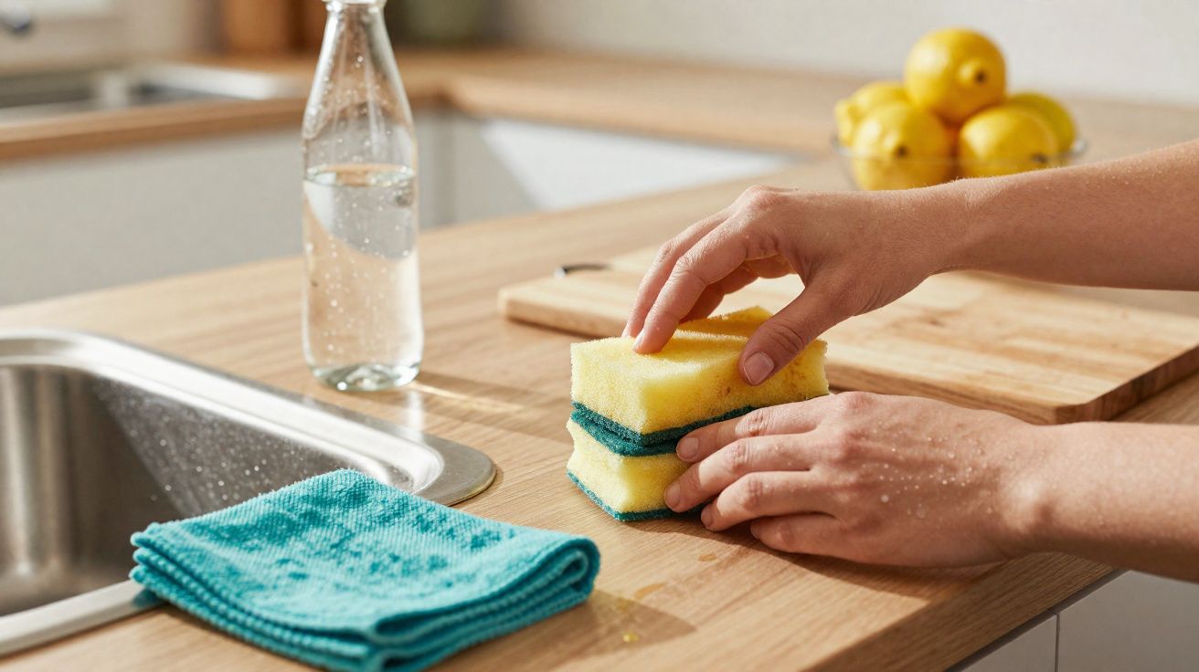 Mãos seguram esponja amarela para limpeza na bancada da cozinha com pano azul e limões ao fundo.
