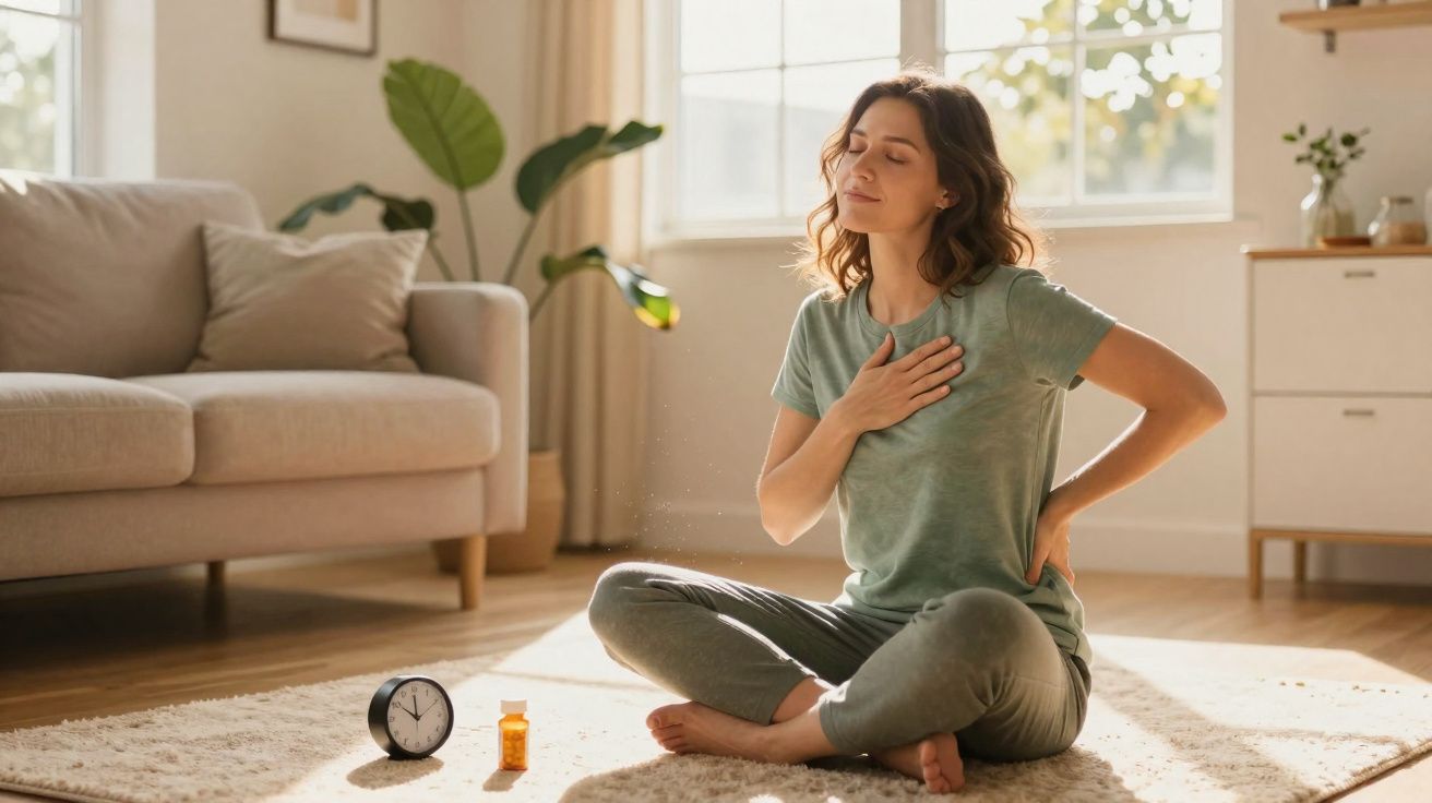 Mulher sentada no chão, massageando costas e peito, em ambiente iluminado e relaxante.