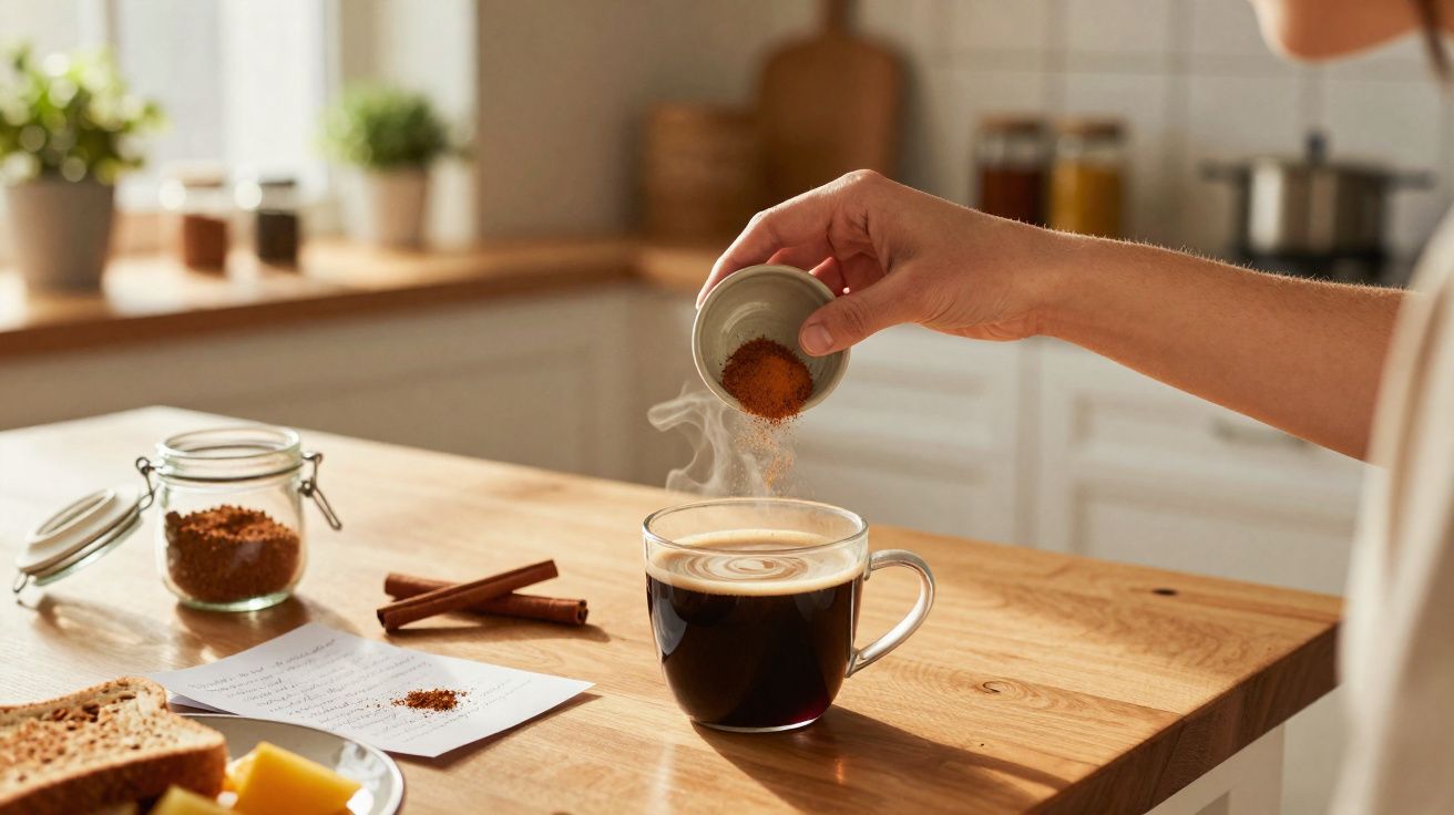 Mão polvilhando canela em pó em uma xícara de café com leite em uma mesa de cozinha iluminada.