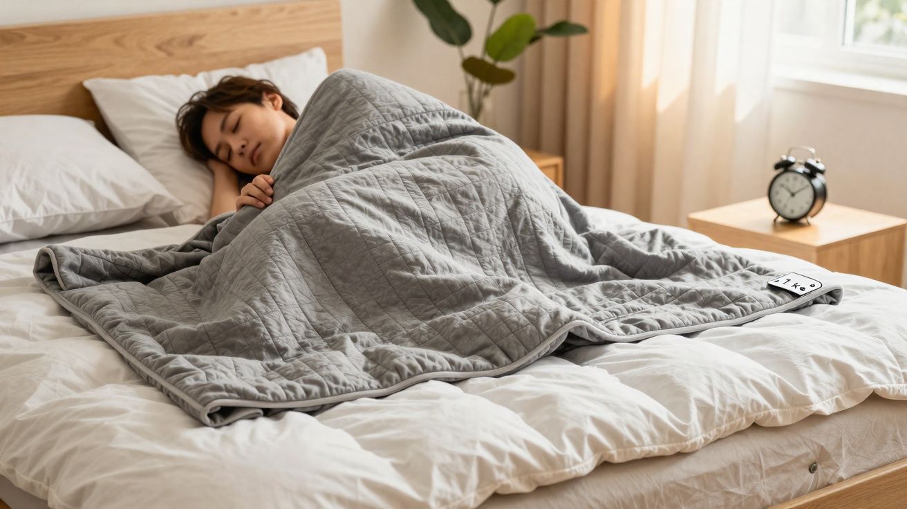 Pessoa dormindo coberta por manta cinza sobre cama com lençol branco em quarto iluminado pela manhã.