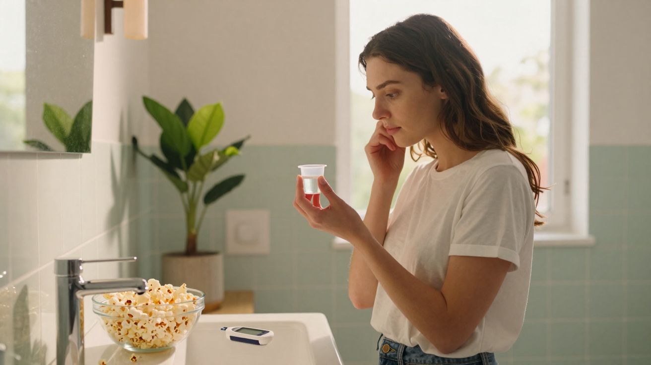 Mulher preocupada segurando copo com medicamento em banheiro iluminado com tigela de pipoca e medidor.