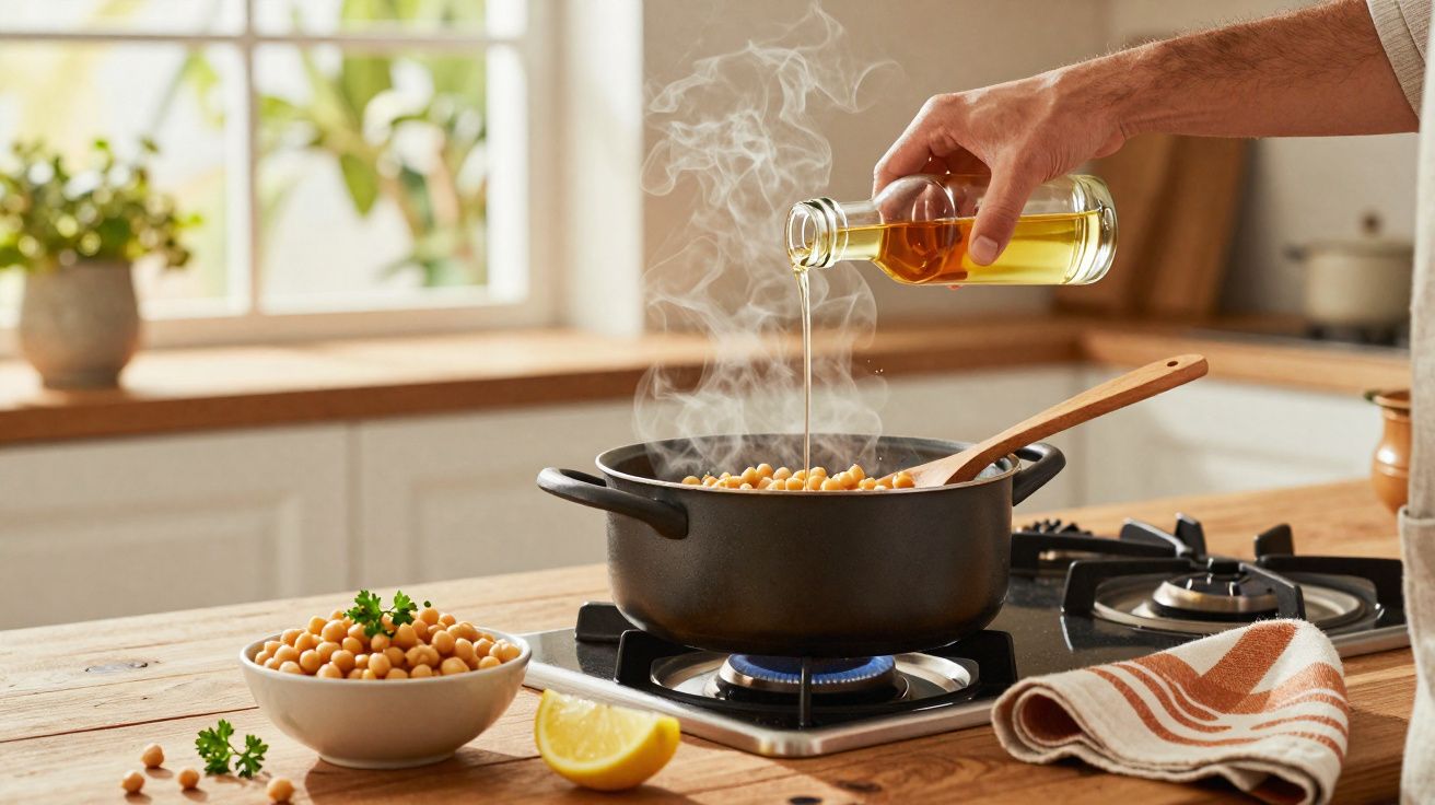 Pessoa despejando óleo em uma panela com grão-de-bico cozinhando em fogão na cozinha.