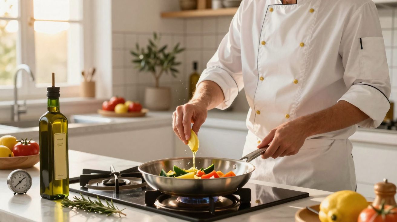 Chef espremendo limão sobre legumes em frigideira na cozinha moderna iluminada pelo sol.