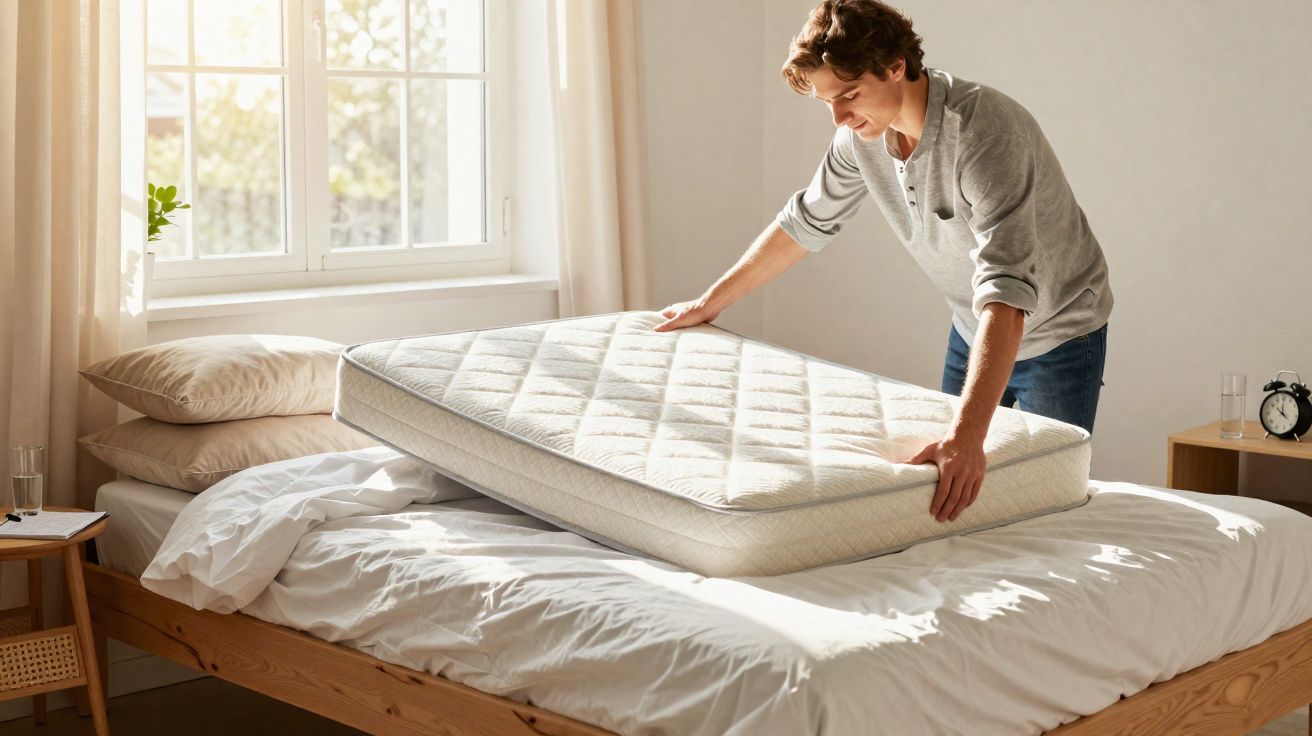 Jovem ajeitando um colchão sobre a cama em um quarto iluminado por luz natural.