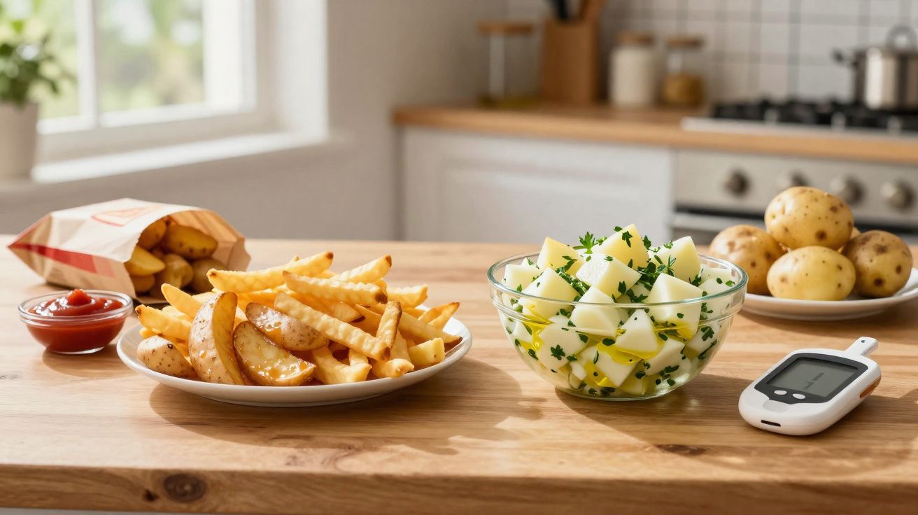 Batatas fritas, batatas cozidas com ervas e medidor de glicose em cozinha ensolarada.