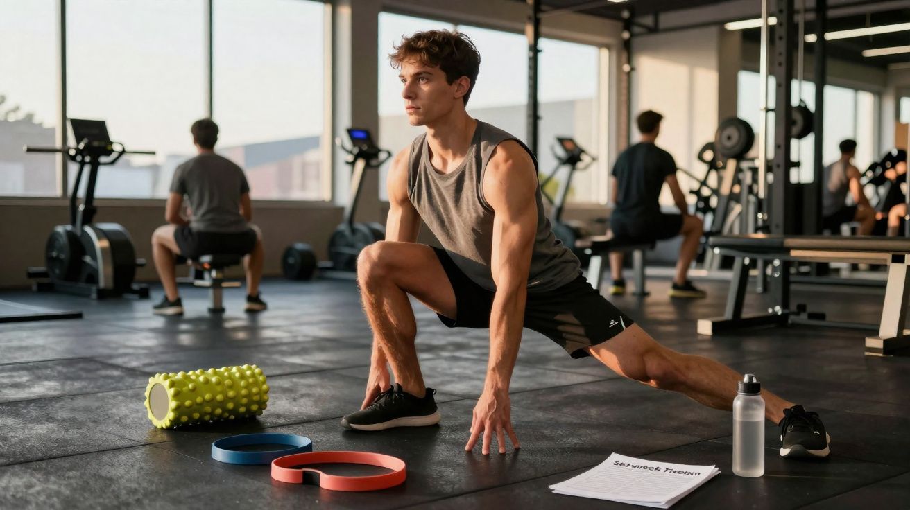 Homem estica as pernas e toca o chão em academia com equipamentos ao redor e outros praticantes ao fundo.