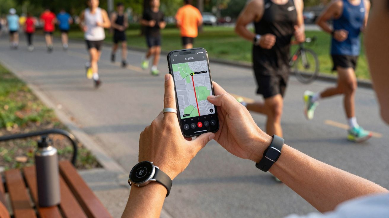 Pessoa segurando celular com mapa de corrida, com corredores em pista ao fundo em parque urbano.