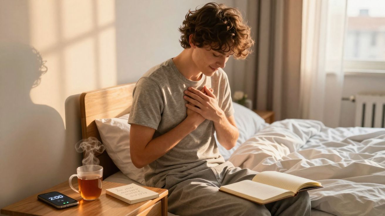 Jovem sentado na cama com mãos no peito, segurando um livro aberto em um quarto iluminado pela manhã.