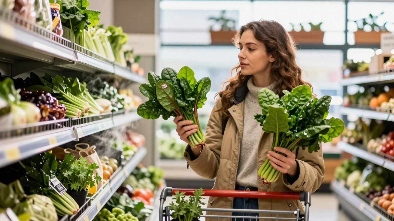 Mulher com casaco bege segurando verduras verdes frescas em supermercado com carrinho de compras.