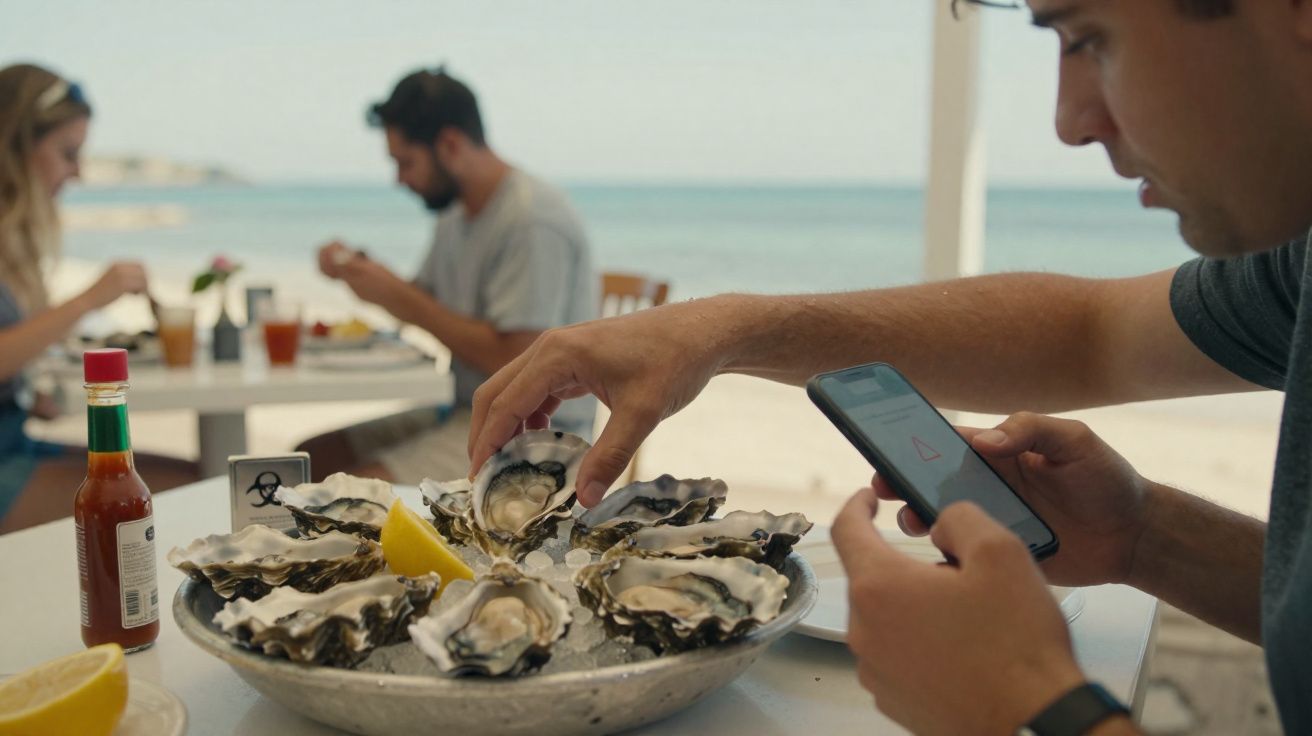Pessoa mexendo no celular e pegando uma ostra em prato com ostras e limão em restaurante à beira-mar.