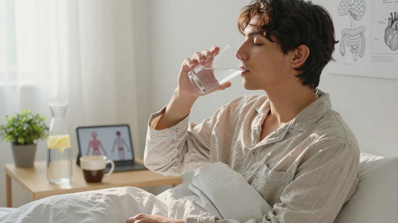 Jovem sentado na cama vestindo pijama, bebendo água de um copo transparente, em ambiente iluminado.