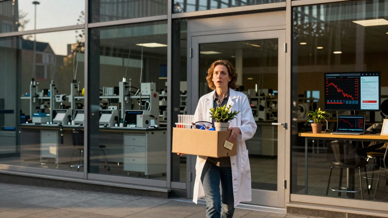 Mulher de jaleco branco saindo de laboratório com caixa contendo plantas e tubos de ensaio.