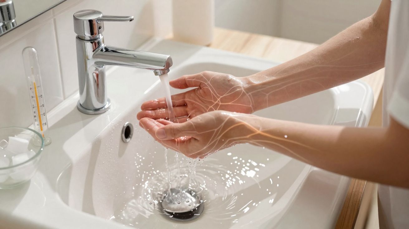 Pessoa lavando as mãos com água corrente em cuba branca de banheiro moderno.