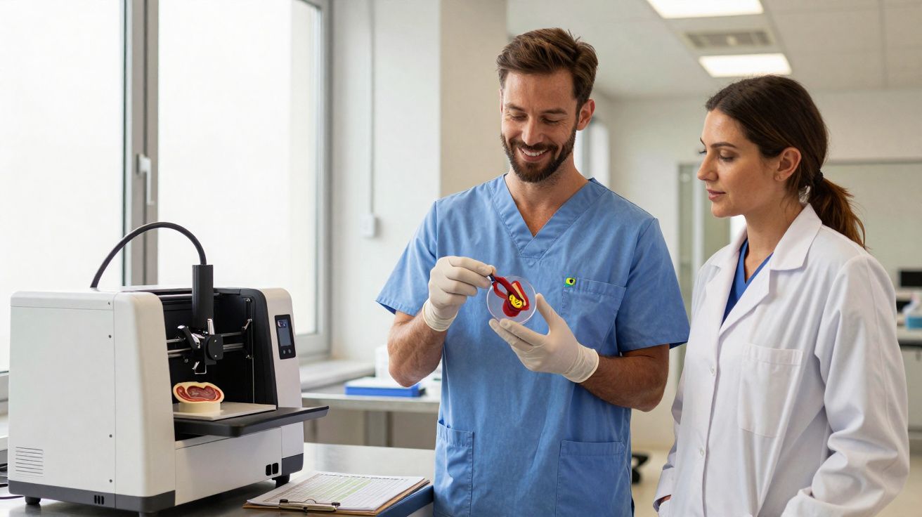 Dois profissionais de saúde analisam modelo anatômico colorido próximo a impressora 3D em laboratório.