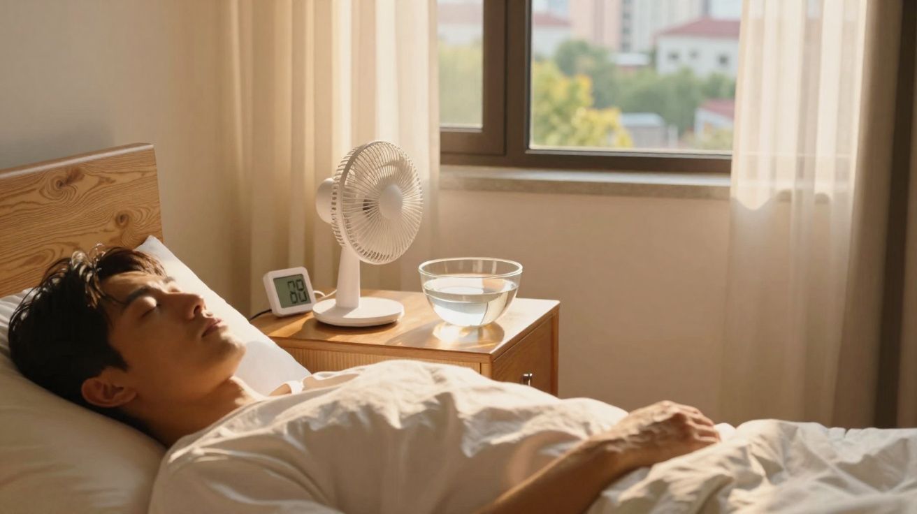 Homem dormindo em cama ao lado de mesa com ventilador, tigela de água e janela com luz natural.