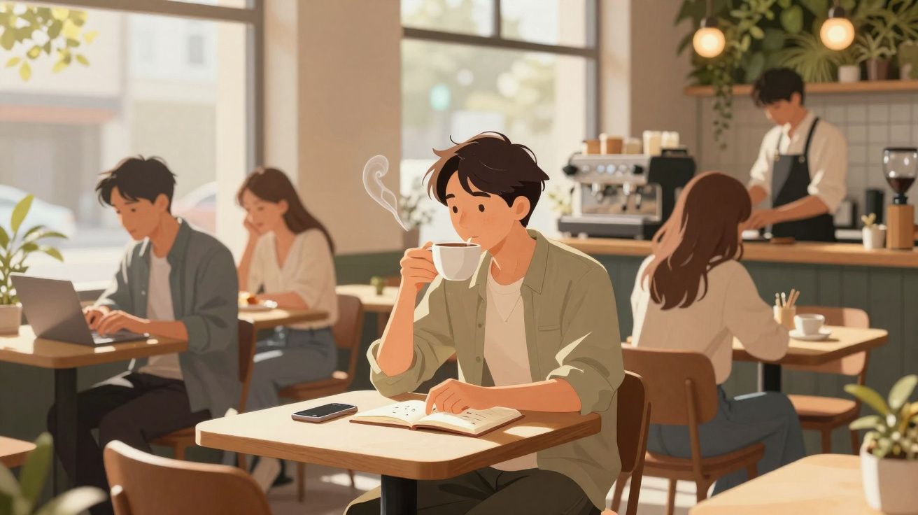 Pessoas em café moderno, uma jovem lendo e tomando café, outras trabalhando e garçon preparando bebidas.