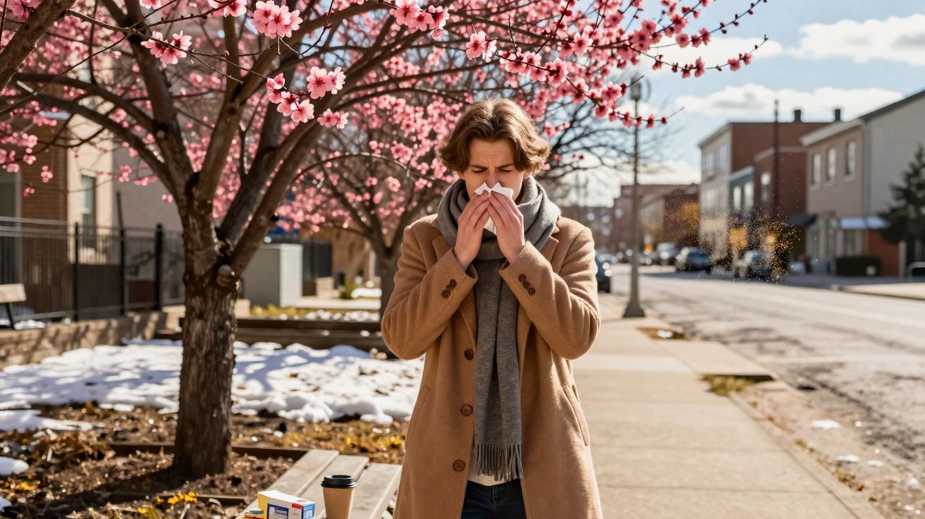 Homem com casaco espirrando em lenço, próximo a árvore florida na calçada urbana.