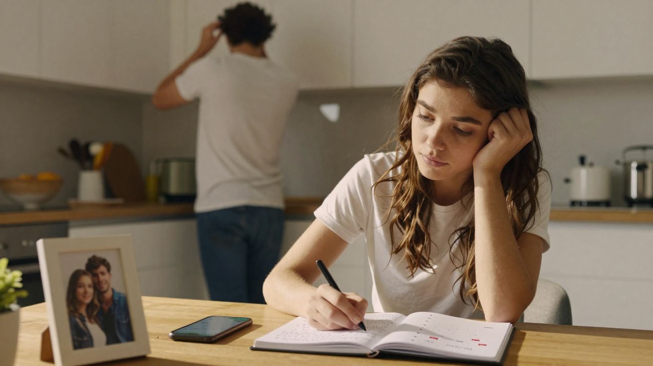 Mulher pensativa escrevendo em um caderno na mesa, com homem de costas na cozinha ao fundo.