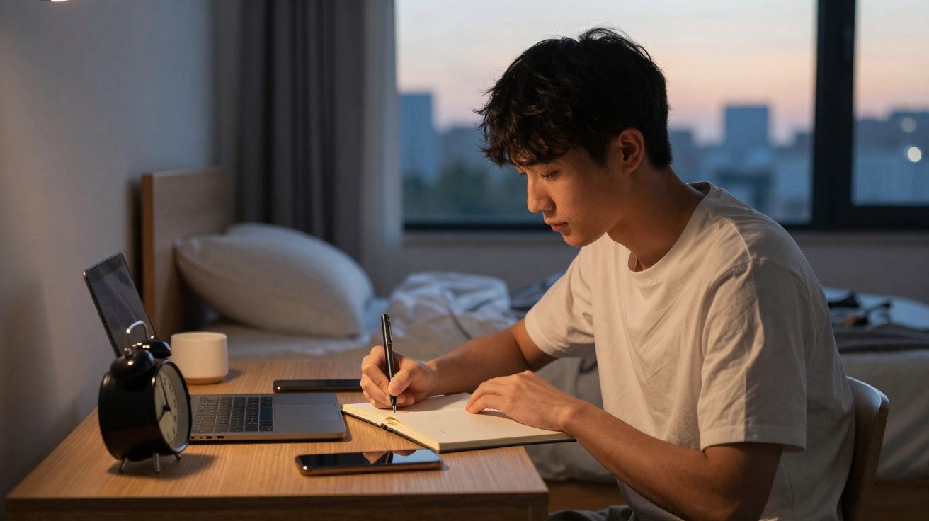 Jovem escrevendo em caderno à mesa com laptop, relógio e celular, ao entardecer em quarto.