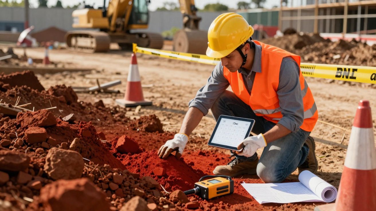 Engenheiro de segurança com capacete e colete laranja avalia terreno em obra com tablet e equipamentos.