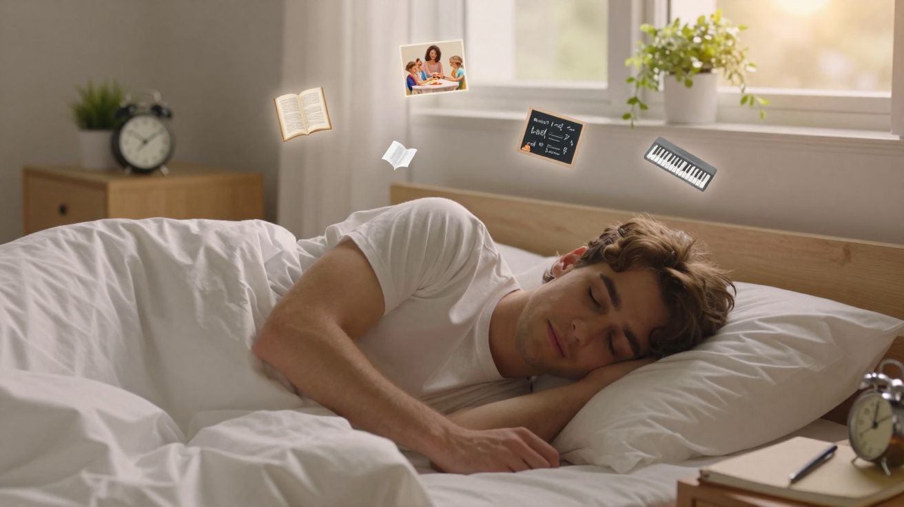 Jovem dormindo na cama com imagens flutuantes de estudo e música ao redor da cabeça.