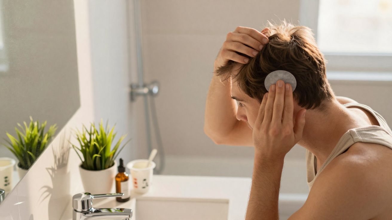 Homem usando algodão para aplicar produto no couro cabeludo em frente ao espelho do banheiro.