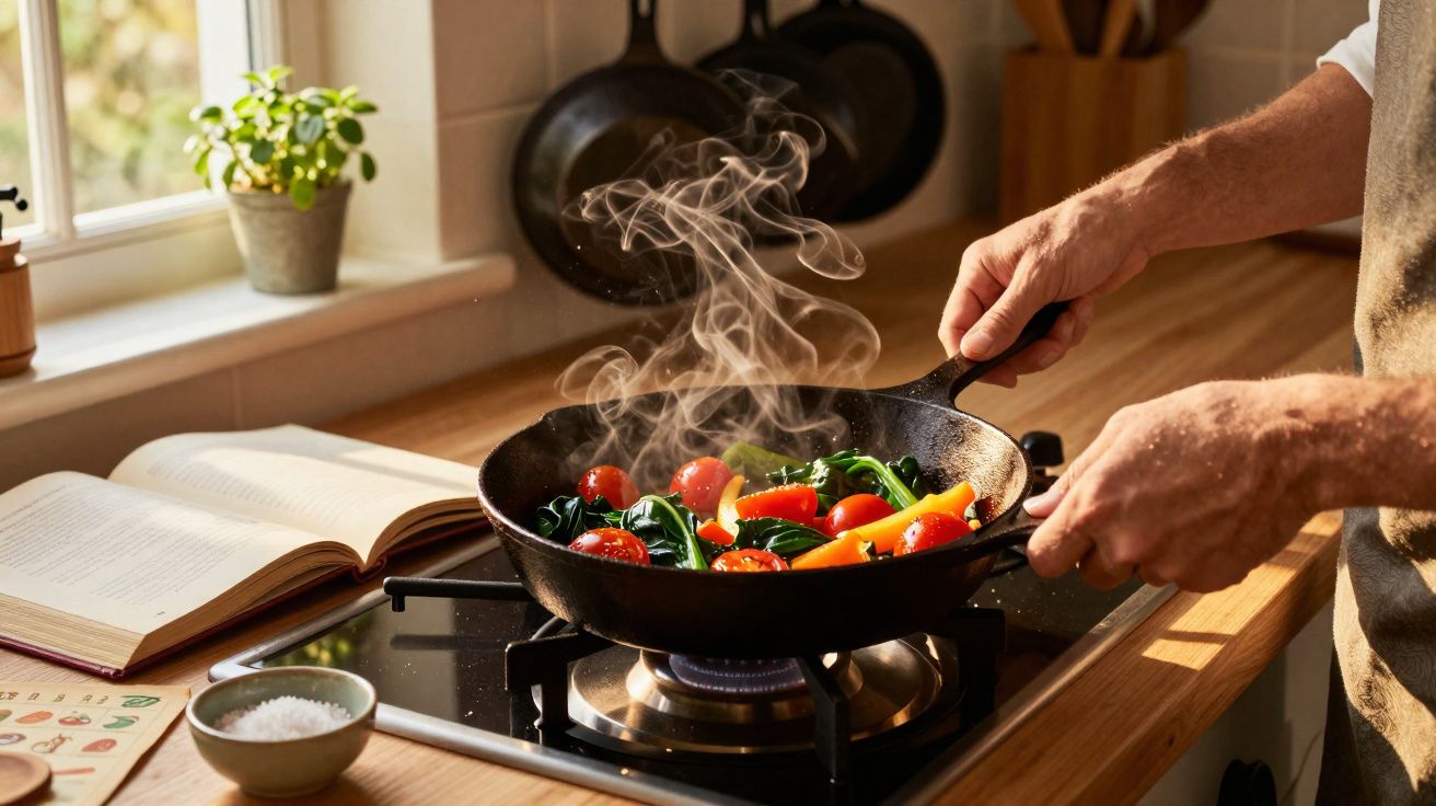Pessoa cozinhando legumes frescos em frigideira com vapor em fogão a gás em cozinha iluminada natural.