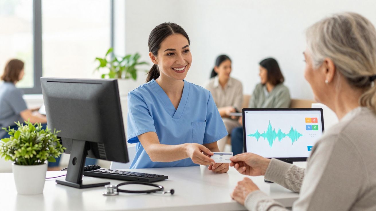 Enfermeira sorridente entregando cartão a paciente idosa em recepção de clínica moderna.
