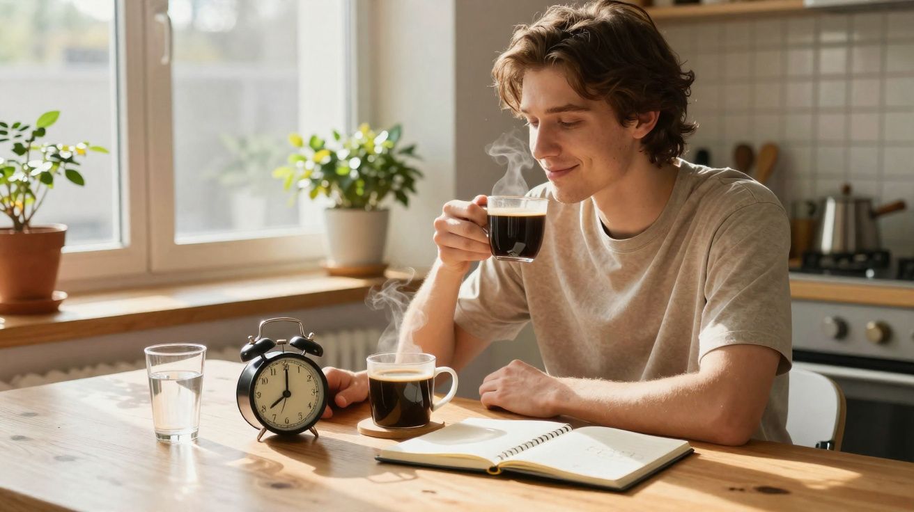 Jovem sentado à mesa tomando café quente ao amanhecer com caderno aberto e despertador ao lado.
