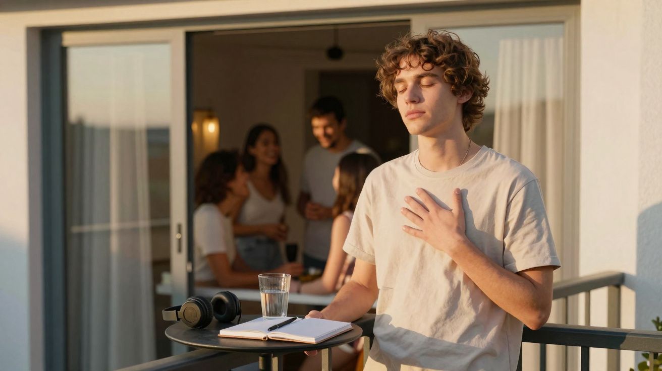 Jovem em varanda com olhos fechados e mão no peito, ao fundo grupo de pessoas conversando.