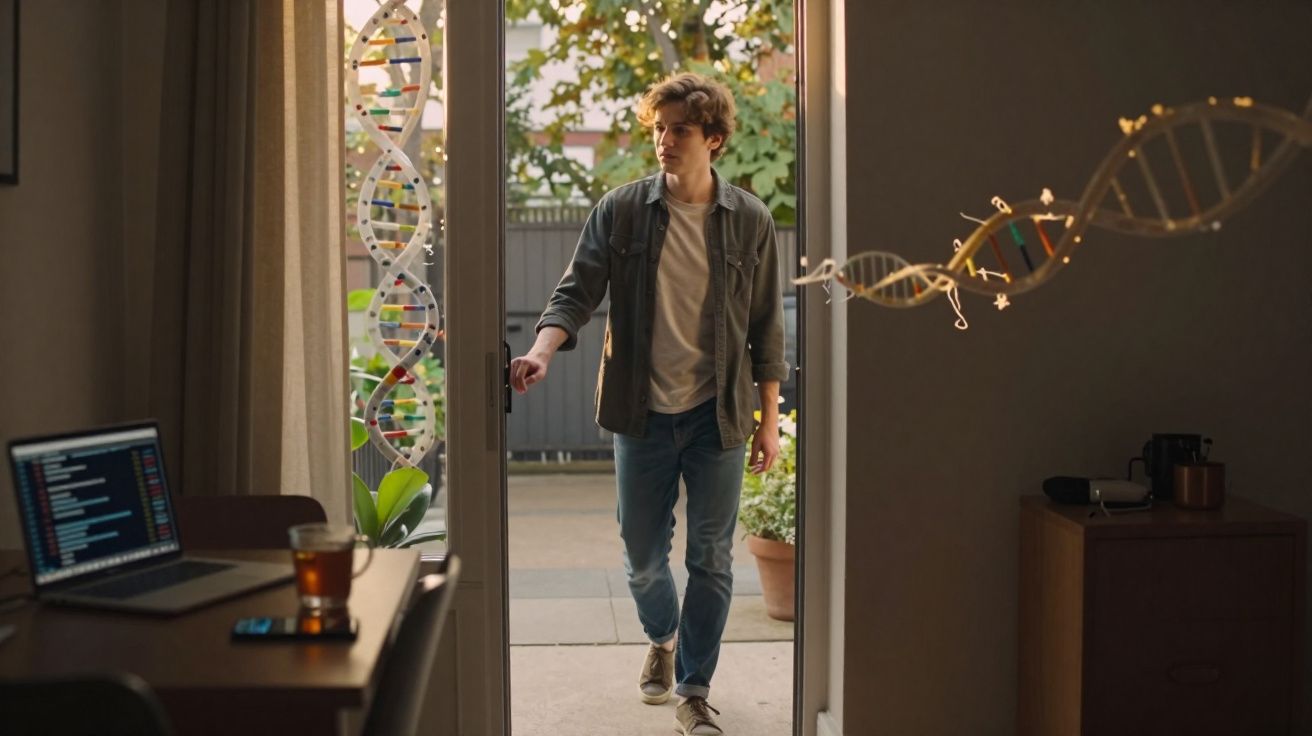 Jovem abrindo porta de casa com notebook e DNA em 3D ao redor, ambiente interno e externo visíveis.