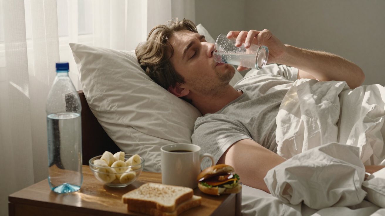 Homem deitado na cama bebendo água, com café da manhã na mesa ao lado, incluindo frutas, sanduíche e bebida.