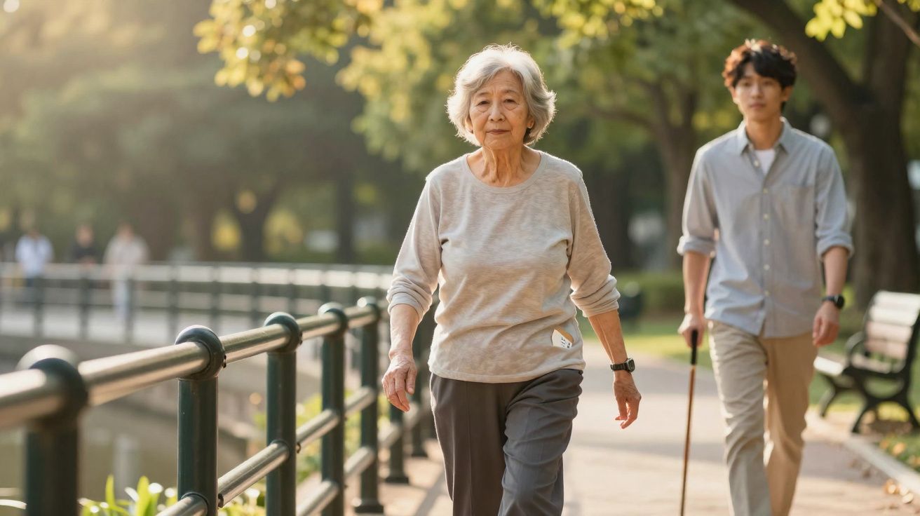 Mulher idosa caminhando em parque ensolarado com jovem atrás usando bengala.