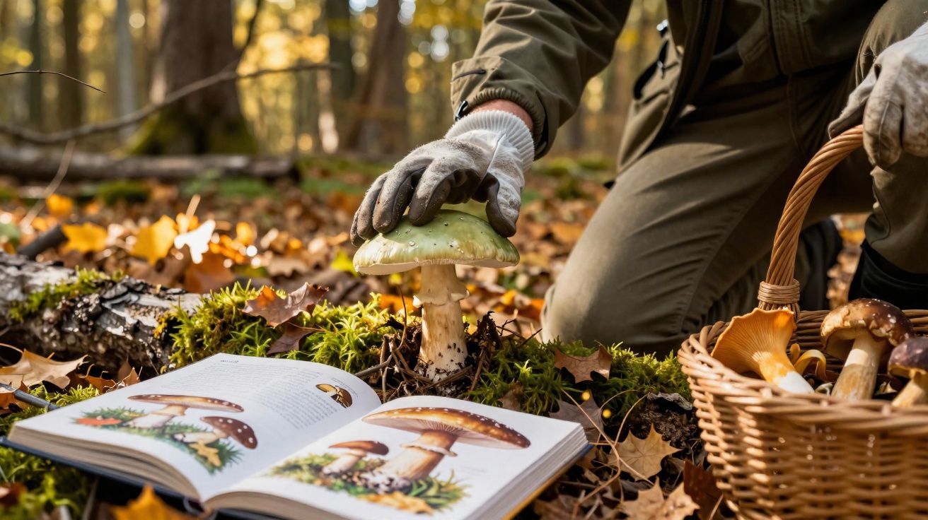 Pessoa colhendo cogumelo verde na floresta com livro ilustrado de cogumelos aberto ao lado e cesta cheia.