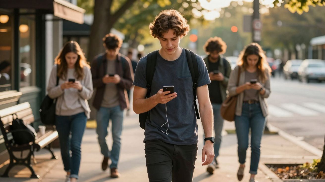 Jovens caminhando na calçada, todos olhando para seus celulares em um dia ensolarado.