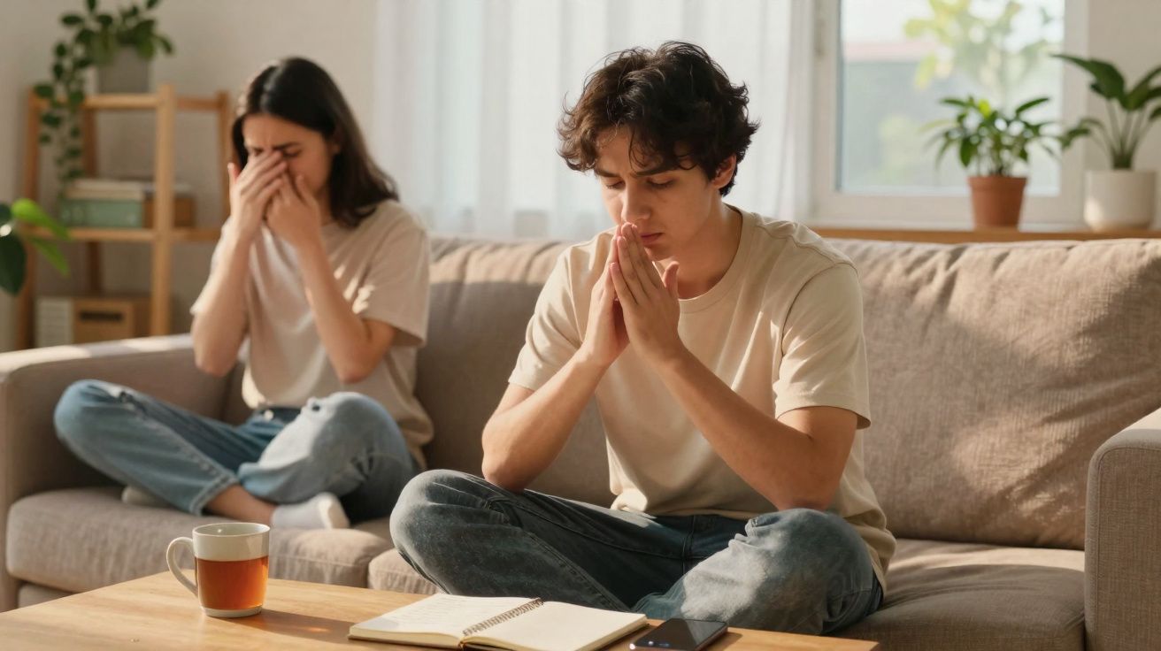 Homem e mulher sentados no sofá, aparentando tensão e tristeza após discussão.