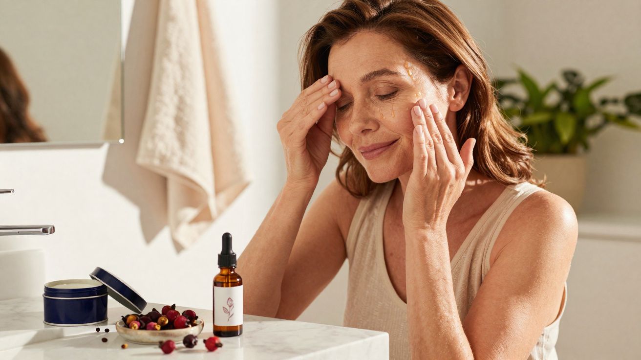 Mulher aplicando sérum facial em ambiente claro e aconchegante, com frascos de cosméticos na mesa.