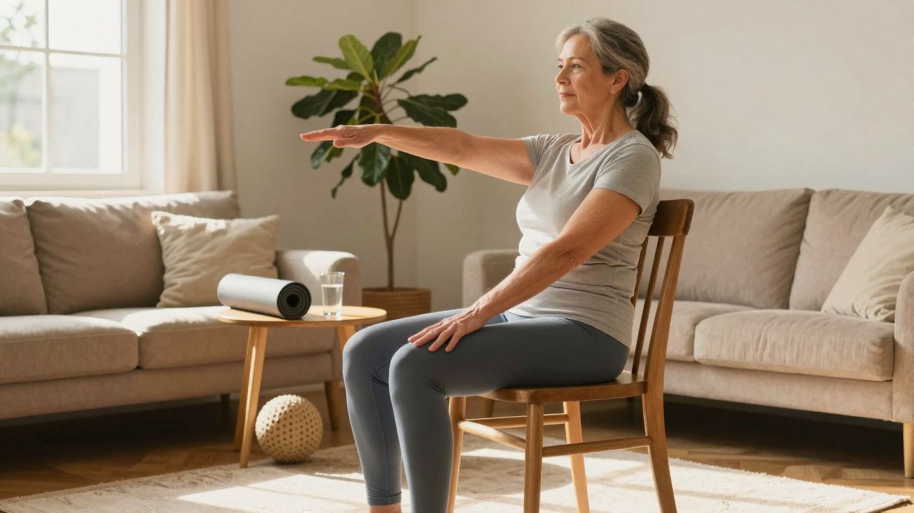 Mulher idosa fazendo alongamento sentada em cadeira na sala de estar iluminada e aconchegante.