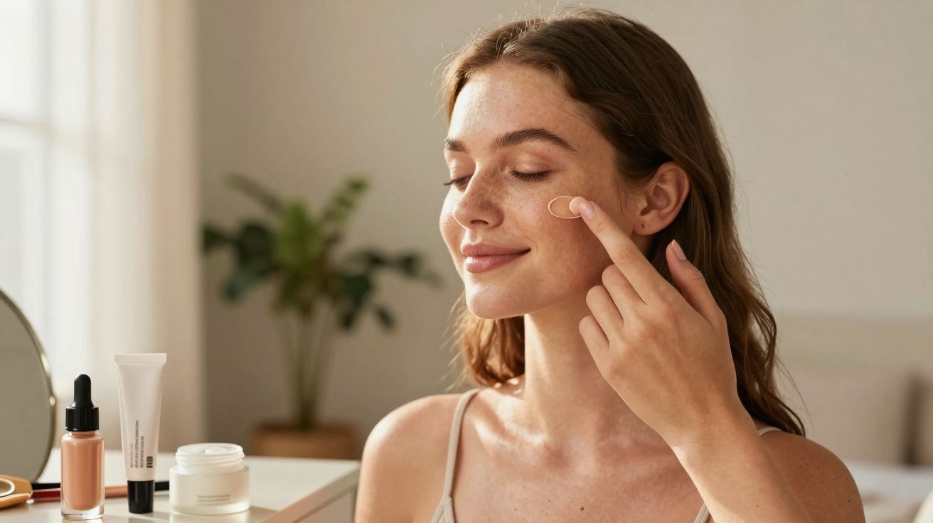 Mulher jovem aplica creme no rosto sentada à mesa com produtos de cuidados faciais em ambiente iluminado.