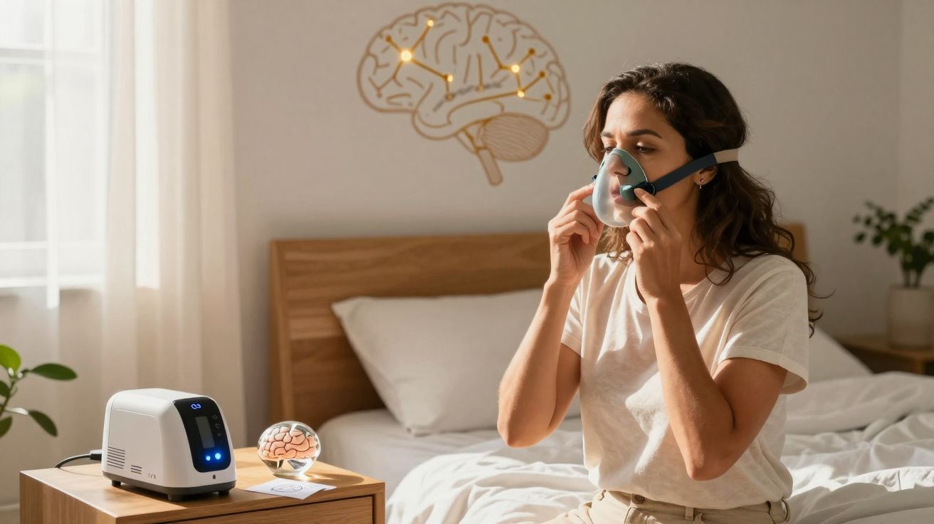 Mulher colocando máscara de oxigênio em quarto com modelo de cérebro e aparelho ao lado da cama.