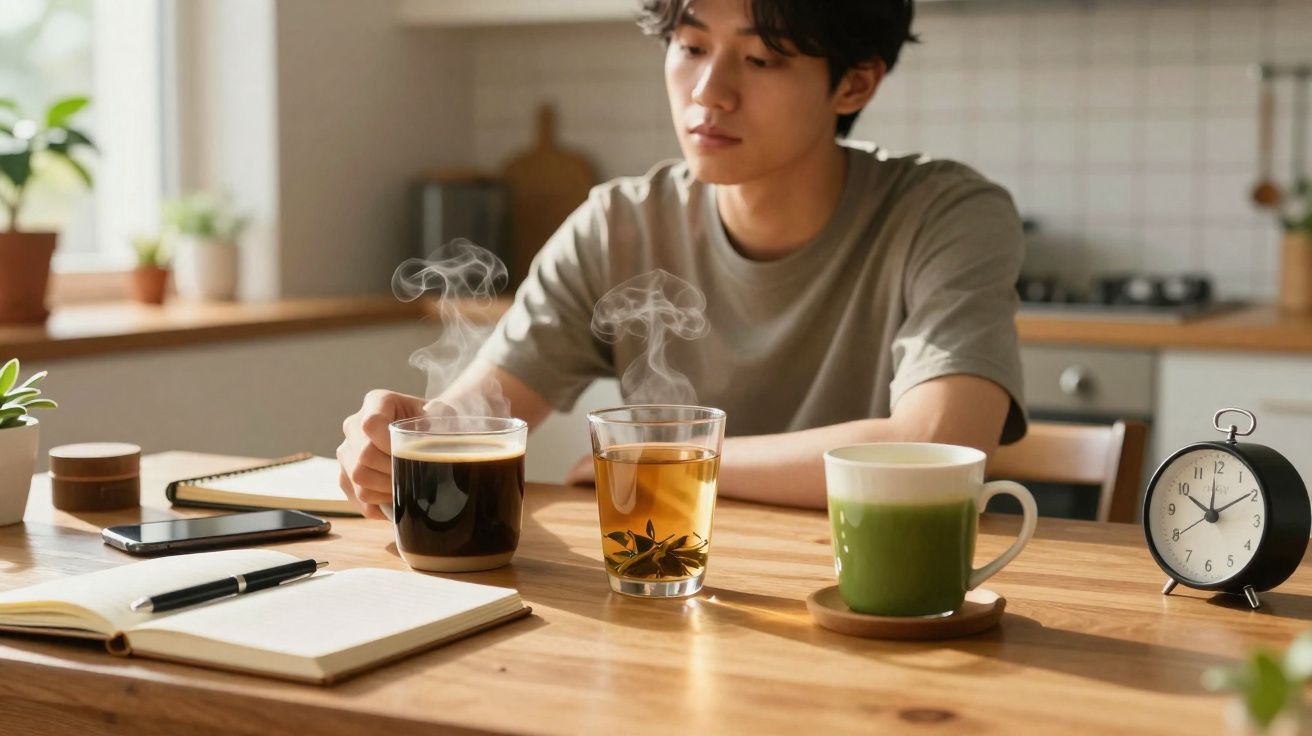 Jovem sentado à mesa segurando xícara com bebida quente, perto de relógio, caderno e celular.