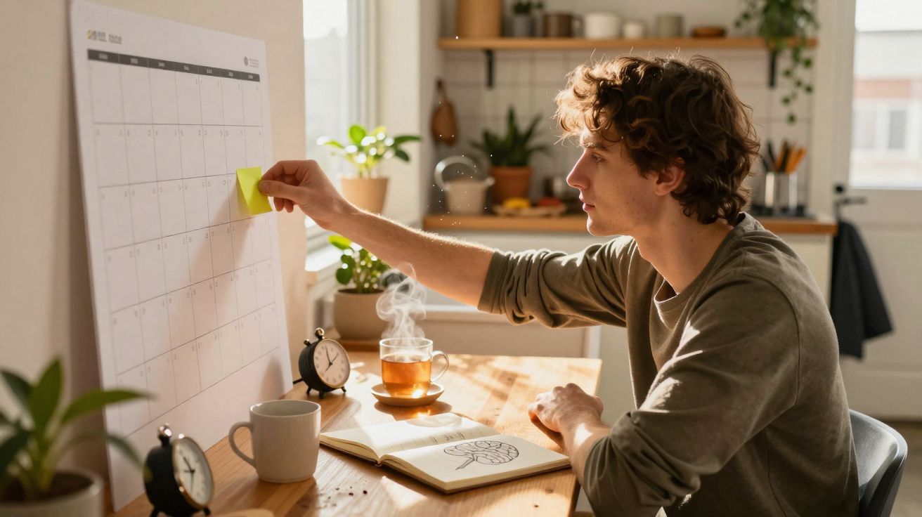 Jovem colando recado em calendário de parede em ambiente iluminado e com xícara de chá fumegante na mesa.