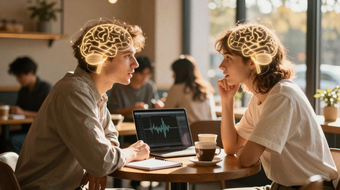Duas pessoas sentadas em café, conversando, com ilustrações digitais de cérebros sobre suas cabeças.
