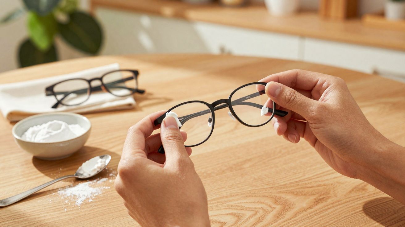 Pessoa limpando óculos com bicarbonato de sódio em pó sobre mesa de madeira clara.