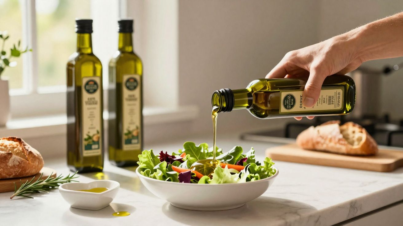 Pessoa derramando azeite sobre salada verde em tigela branca, com pão e garrafas de azeite ao fundo.