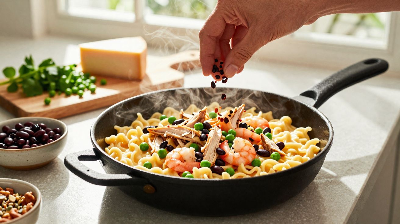 Panela com massa, camarão, ervilhas, frango desfiado e feijão sendo temperada por uma mão humana.