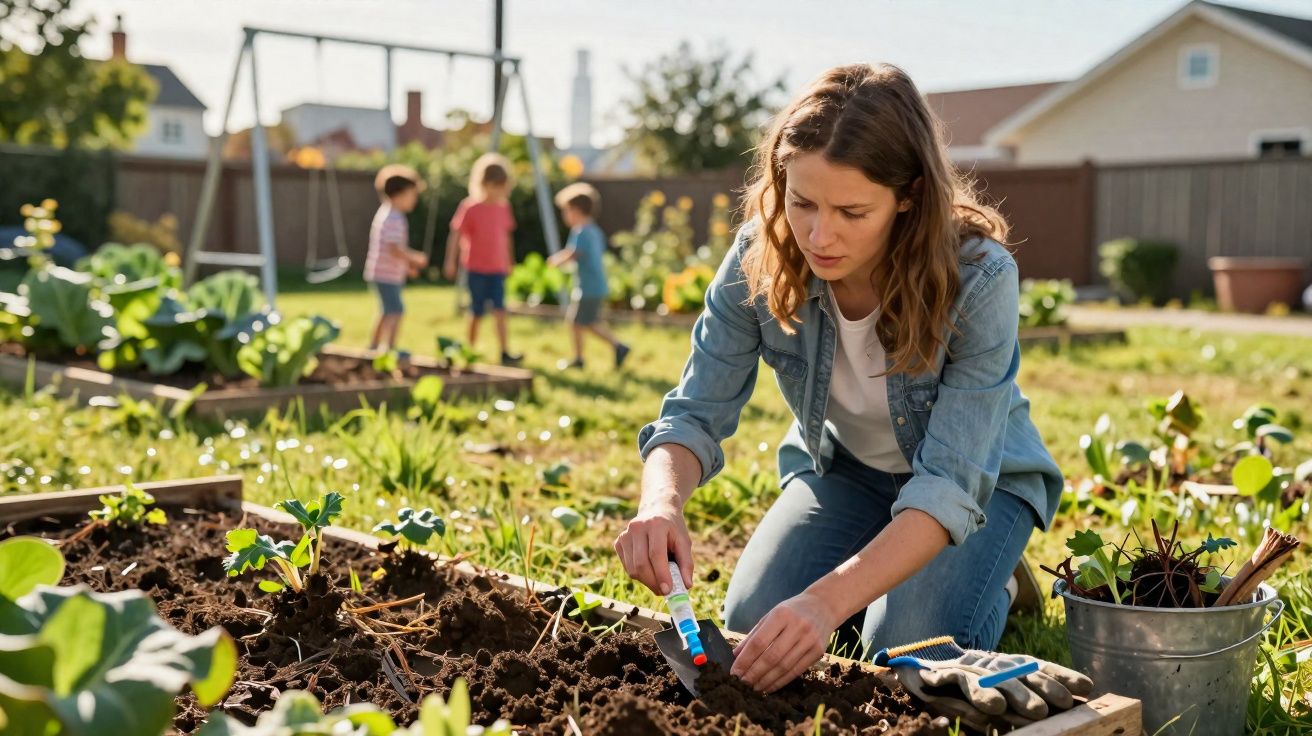 Mulher plantando mudas em jardim comunitário com crianças brincando ao fundo em área residencial.