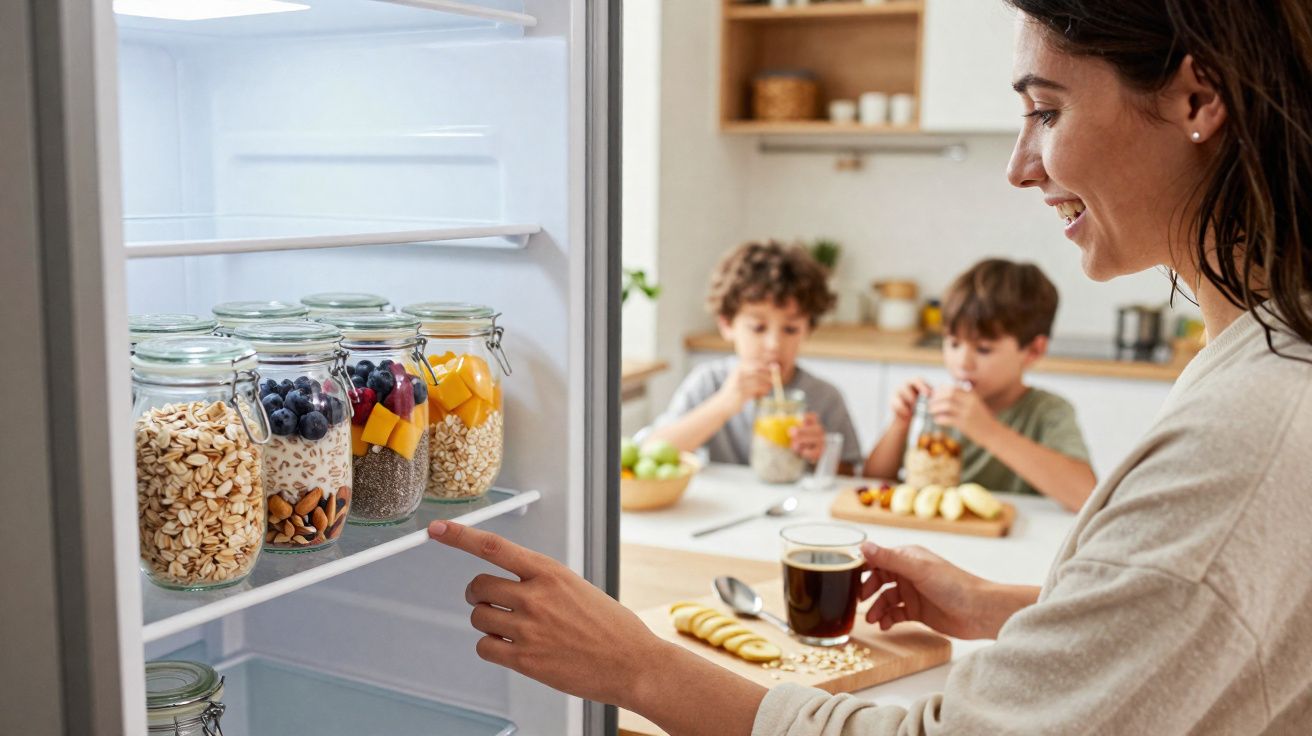 Mulher abre geladeira com potes de cereais, enquanto duas crianças tomam suco na cozinha.