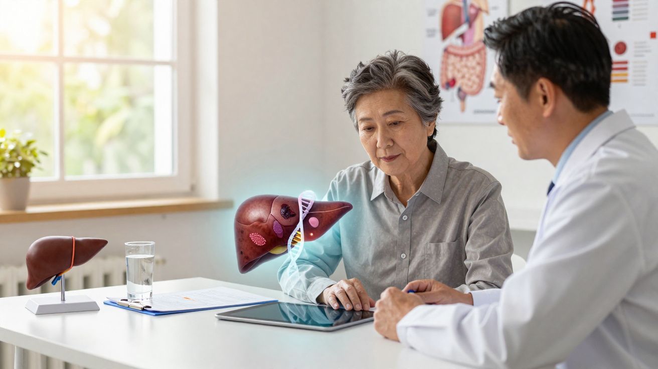 Médico explicando exame de fígado com modelo anatômico para paciente idosa em consultório iluminado.