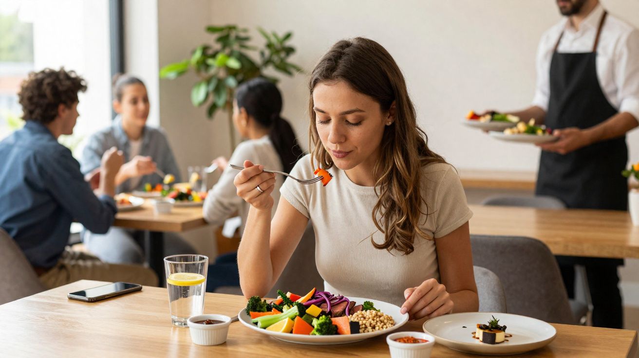 Mulher comendo salada colorida em restaurante enquanto outras pessoas jantam ao fundo.